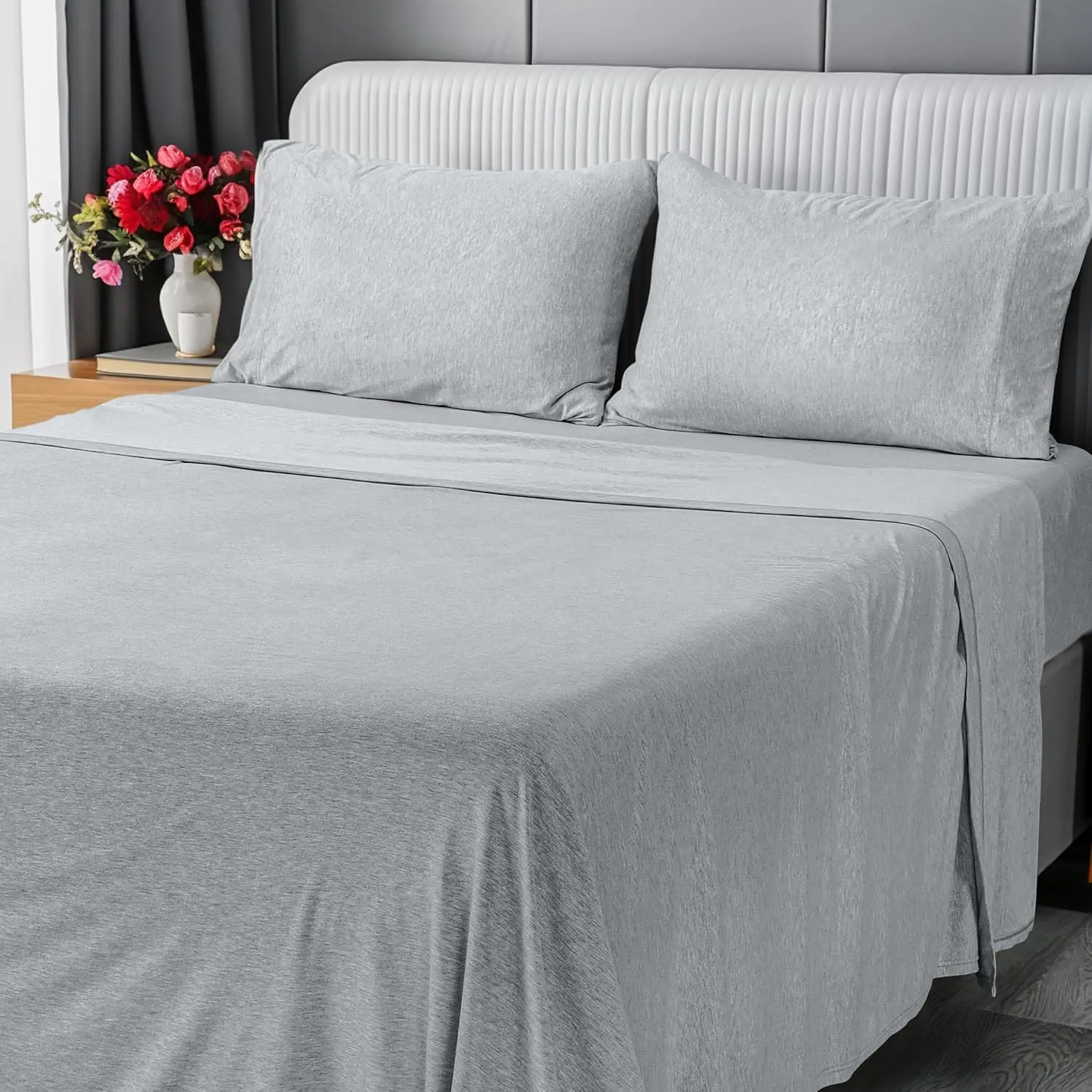 Sheet Set - Jersey Knit Sheets 4 count  Cotton  Soft T-Shirt Stretchy Sheets (Heather Light Grey)