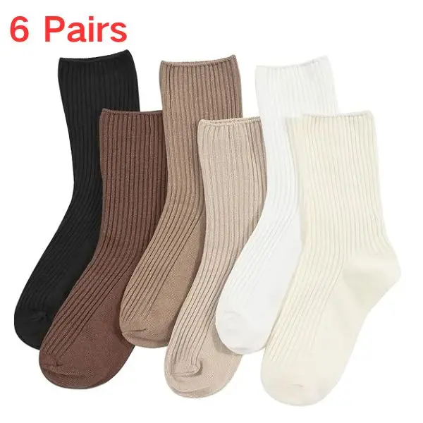 6 Pairs of Women’s Socks Cotton Crew Socks Ribbed Athletic Aesthetic Breathable Mid-calf Socks for Women Girls Casual Cute Soft Socks Comfy Neutral Socks 6 Pack Solid Multi Colors Knit Sock for Spring Summer Daily Wear One Size 5-9