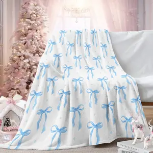 Coquette Light Blue Bow Oversized Flannel Blanket, Cute Ribbon Print Cozy Throw Blanket for Bed Sofa Couch, Warm Lightweight Blanket for Room Decor & Coquette Aesthetic