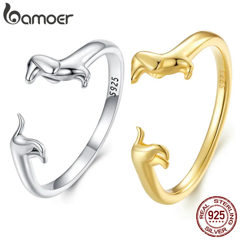 BAMOER 925 Sterling Silver Adjustable Dachshund Ring For Women Real 14K Gold Wiener Dog Rings Daily Wear Silver Jewelry Birthday Gift To Wife Mom
