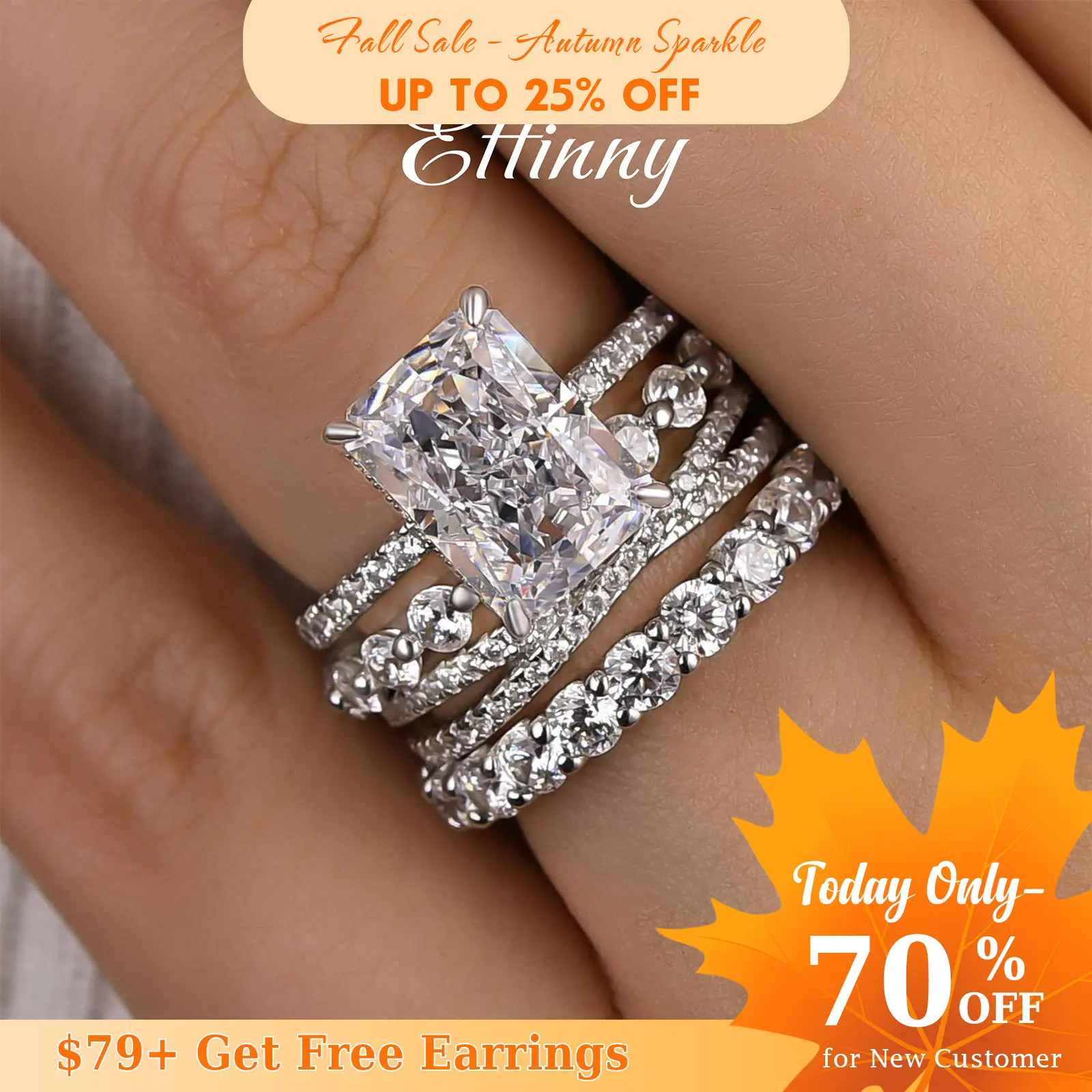 Effinny Jewelry 4.0ct Radiant Cut 4PCS Wedding Ring Set, 925 Sterling Silver Promise Ring, 5A Cubic Zirconia Bridal Ring Set for Daily,Travel