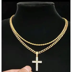 Layered Gold-Plated Cross Pendant Necklace - Iced-Out Rhinestone Cuban Link, Stackable Sparkly Double-Chain Statement Jewelry, Men's Accessory, Necklaces for Women