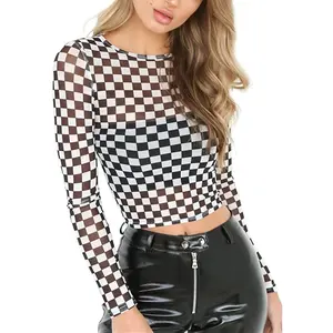 Women's Long Sleeve Checkered Print Sexy See Through Sheer Mesh Crop Top Tee T Shirts