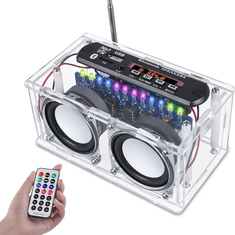 DIY soldering Project Kit Bluetooth-Compatible Speaker ,Recording Function FM Radio Soldering Speaker Practice Kit with LED Spectrum,TF/AUX/Bluetooth/USB Support,Remote Control Soldering Project for Indoor/Outdoor Use
