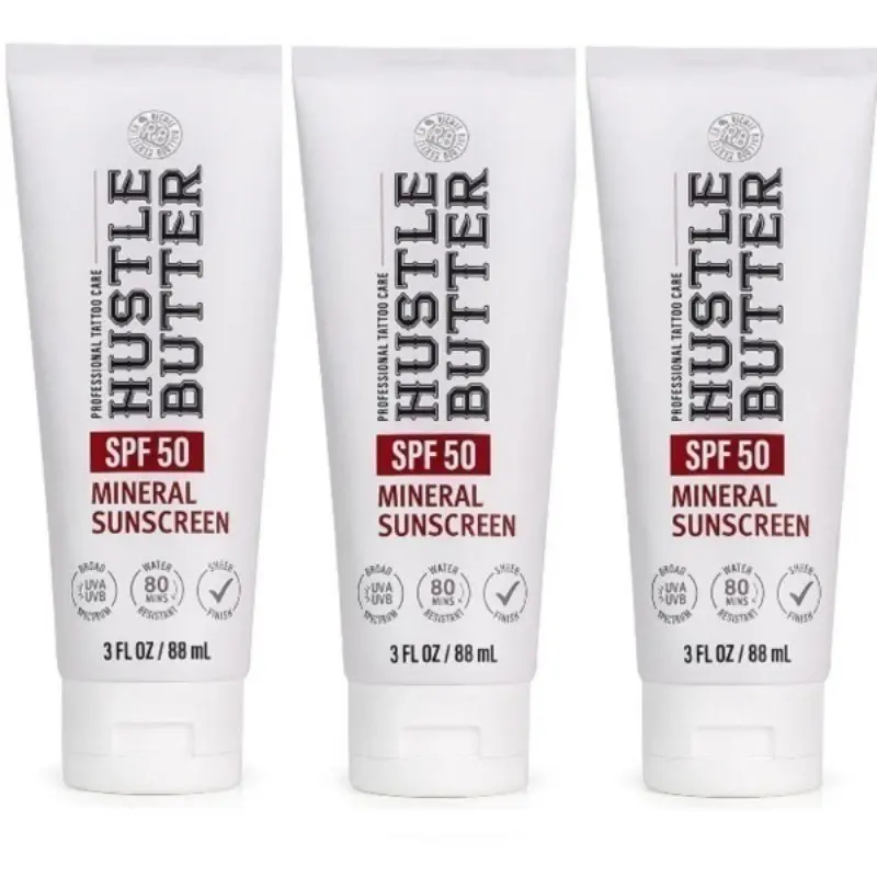 Hustle Butter SPF50 Mineral Tattoo Sunscreen Lotion, Water Resistant 3oz Ink Protector Aftercare
