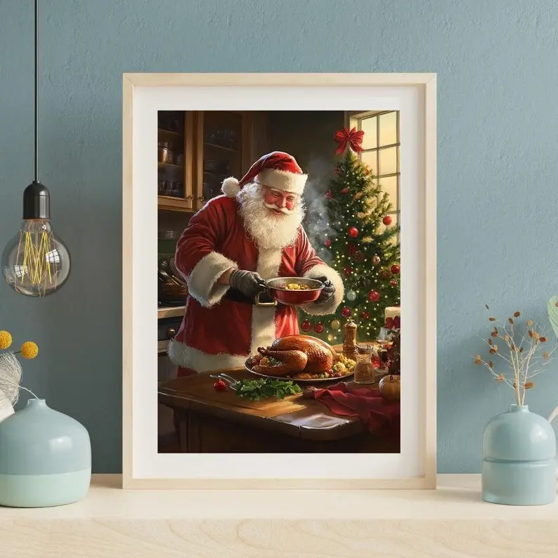 Santa at thanksgiving, Printable Christmas Wall Art, Christmas Decoration, Rustic Santa, Winter Art, Seasonal Holiday Decoration .Poster Xmas Wall Decor - No Frame