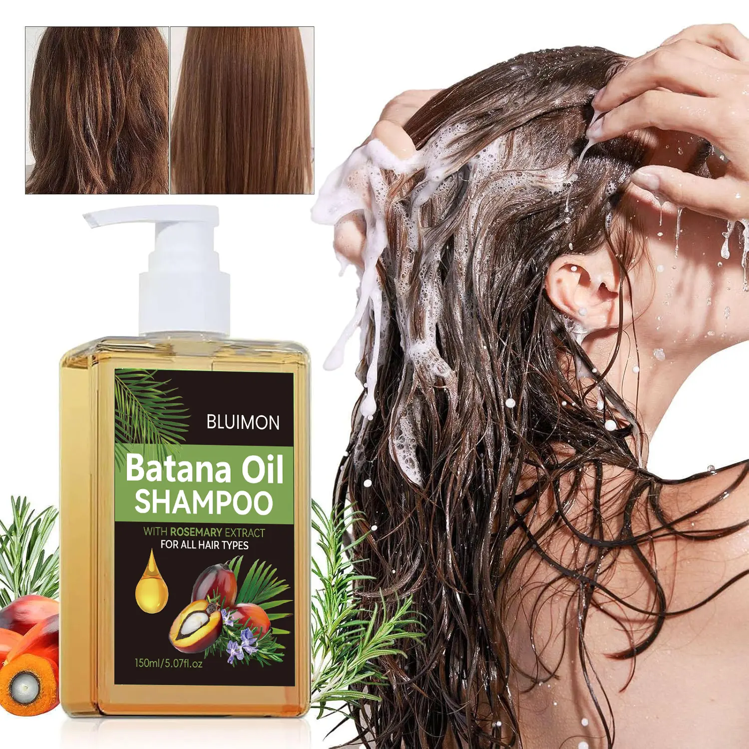 BLUIMON Batana Oil Shampoo with Rosemary Extract for All Hair Types Nourishes Regenerates Hair Soft Fluffy Smooths Frizz Moisturizing Suitable for Men Women Hydrate Moisturize Silky Restore Moisture Haircare Shampoo Hair Growth - Cleanser