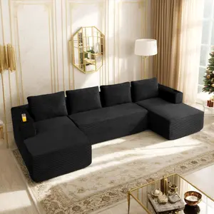 Eyisean 132" Modern Corduroy Boneless Sectional Couch with 2 Cup Holders, Oversized 4-Seater U-Shaped Modular Sectional Sofa with Double Chaise, Large Sectional Couches for living Room, No Assembly Required