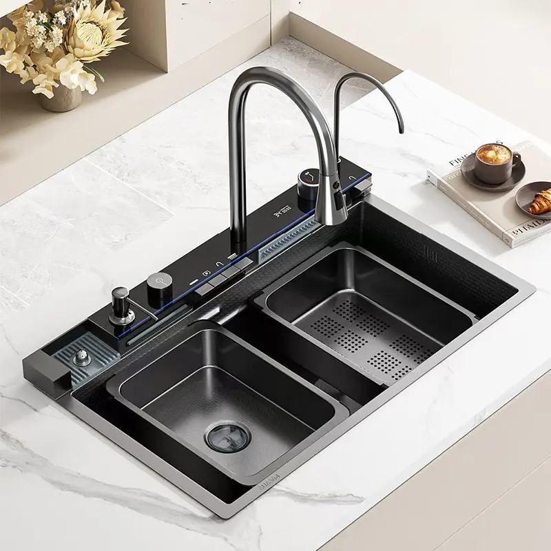 Luxury Digital Display Waterfall Kitchen Sink Workstation Nano Honeycomb Embossed Stainless Steel Deep Sink 30 Inch Single Bowl with Knob Control Pull Out Spray Faucet, Drain Basket & Complete Installation Accessories