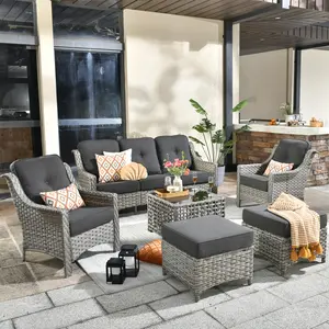 XIZZI Outdoor 6 PCS Patio Set, Rattan Sofa Set, Conversation 3-Seat Sofa with Solar Powered Coffee Table, 2 Single Chairs with 2 Ottomans, Family & Friends