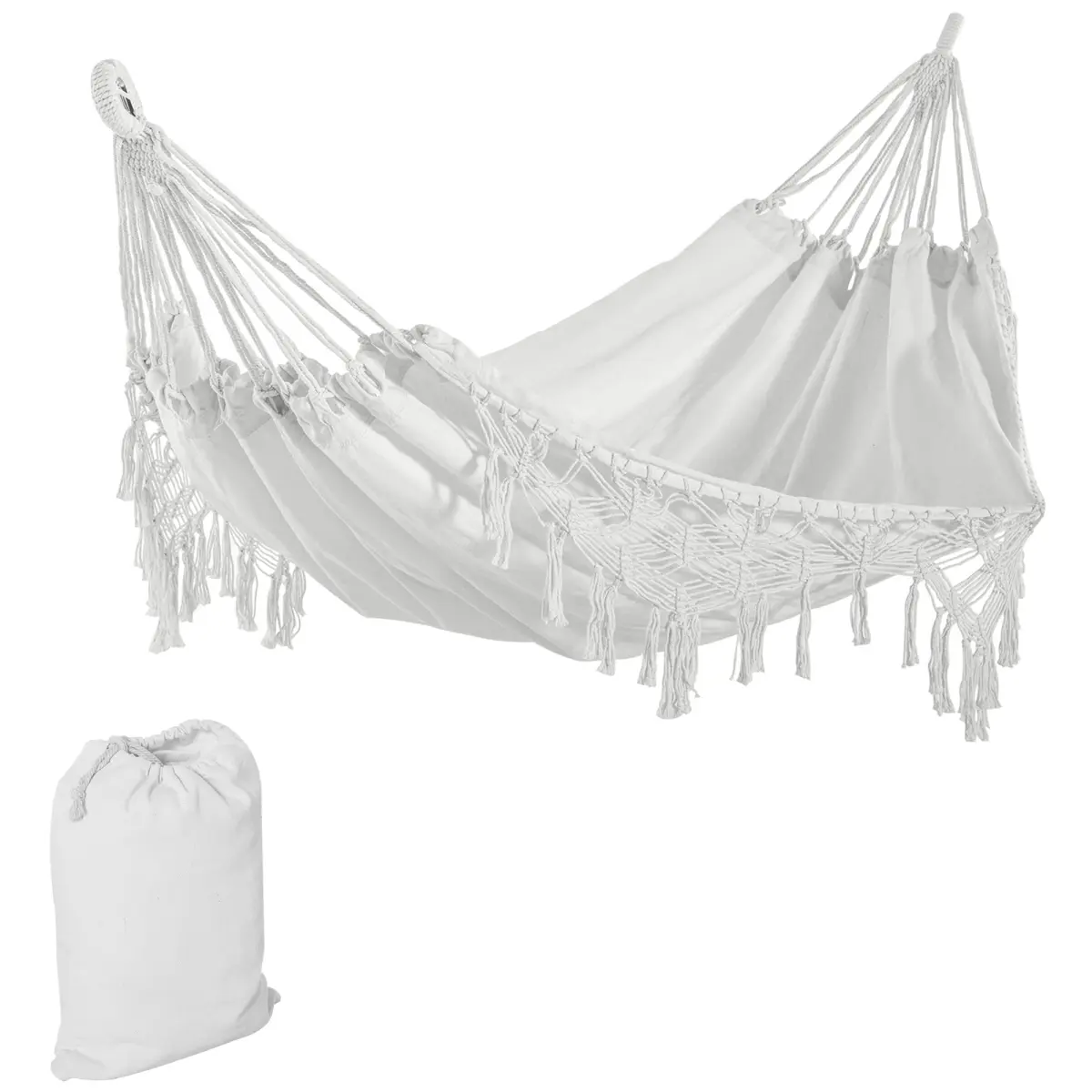 Outsunny Extra Large Boho Hammock with Macrame Tassel Fringe, Includes Carrying Bag, Indoor Outdoor Tree Hammock for Porch, Backyard, Camping, White On-Site