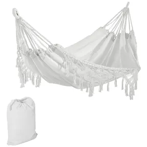 Outsunny Extra Large Boho Hammock with Macrame Tassel Fringe, Includes Carrying Bag, Indoor Outdoor Tree Hammock for Porch, Backyard, Camping, White On-Site