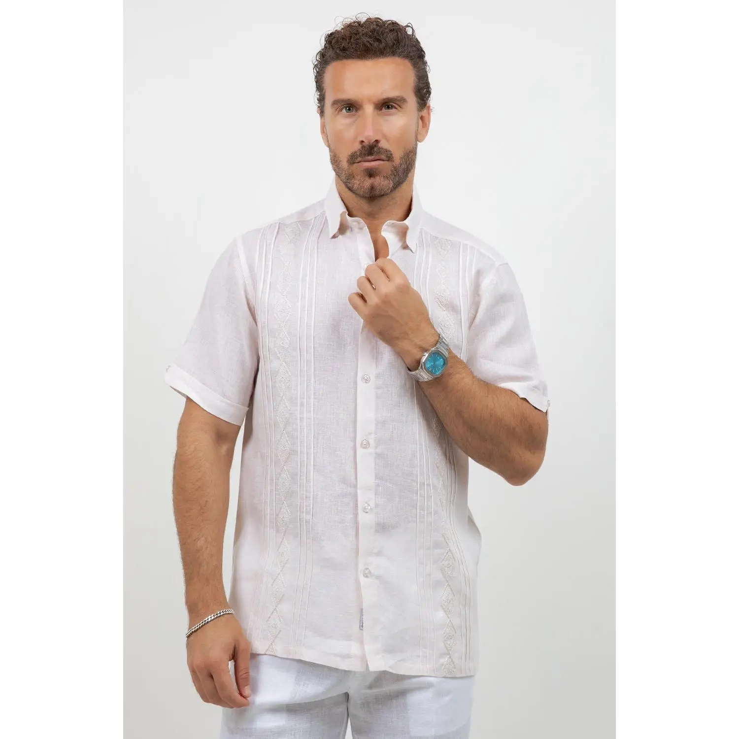 Linen Embroidered Dress Shirt Short Sleeve Tonal