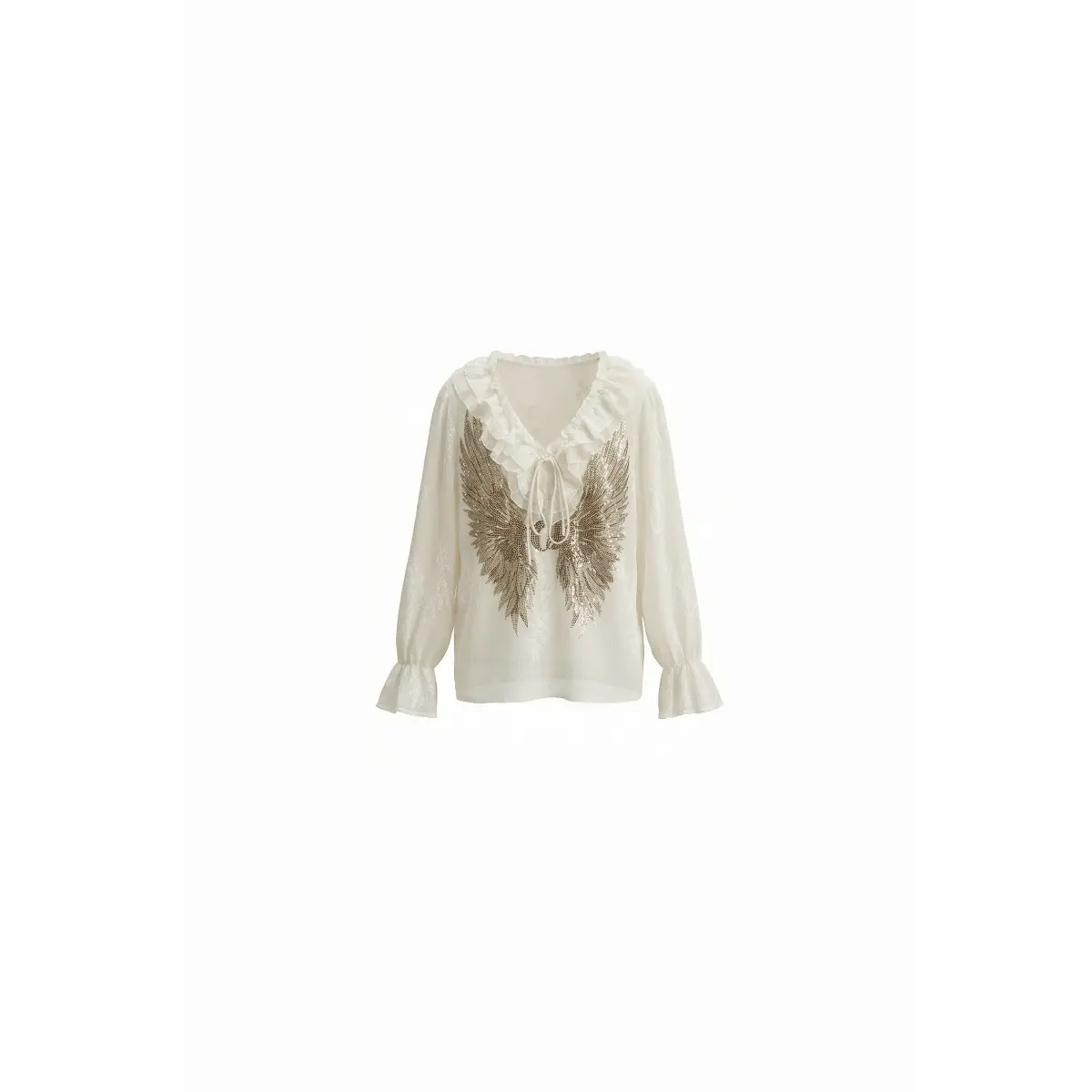 TCH - Design Sense Hot Diamond Wings ruffle V-neck beige loose long sleeved temperament shirt for women