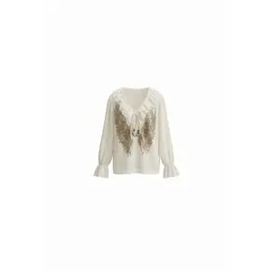 TCH - Design Sense Hot Diamond Wings ruffle V-neck beige loose long sleeved temperament shirt for women
