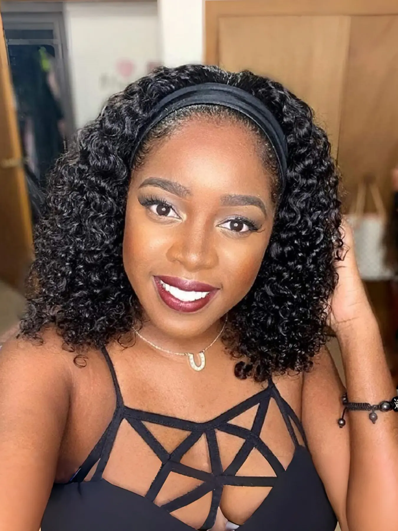 Women's Synthetic Hair Headband Wig, 12 Inch Deep Wave Curl, Glueless Design, No Glue Wig, Daily Use, Beginner-Friendly, Natural Color, Curly Hair Wigs, Synthetic Fiber Wigs, Daily Wear Wig, Curly Wavy Wig, Curled Synthetic Wig