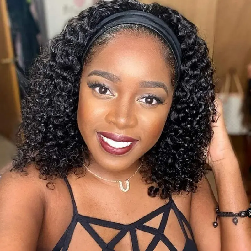 Women's Curly Wave Synthetic Hair Headband Wig, Curly Wavy Wig, 12 Inch Deep Wave Curl, Glueless Design, Daily Use, Natural Color