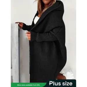 [Plus Size] Solid Drop Shoulder Top Stitching Hooded Cardigan, Casual Long Sleeve Open Front Knitwear for Fall & Winter, Women's Clothing for Daily Wear