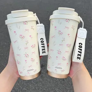 18.92Oz Floral Insulated Coffee Vacuum Cup with Straw Lid - Made of stainless steel, portable double-layer design, suitable for both hot and cold beverages, ideal for home, office, travel, sports, and also makes a great gift