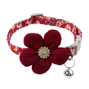 Cute Floral Pet Collar with Detachable Bell, Adjustable Polyester Fiber Dog Cat Necklace, Soft Small Animal Accessory