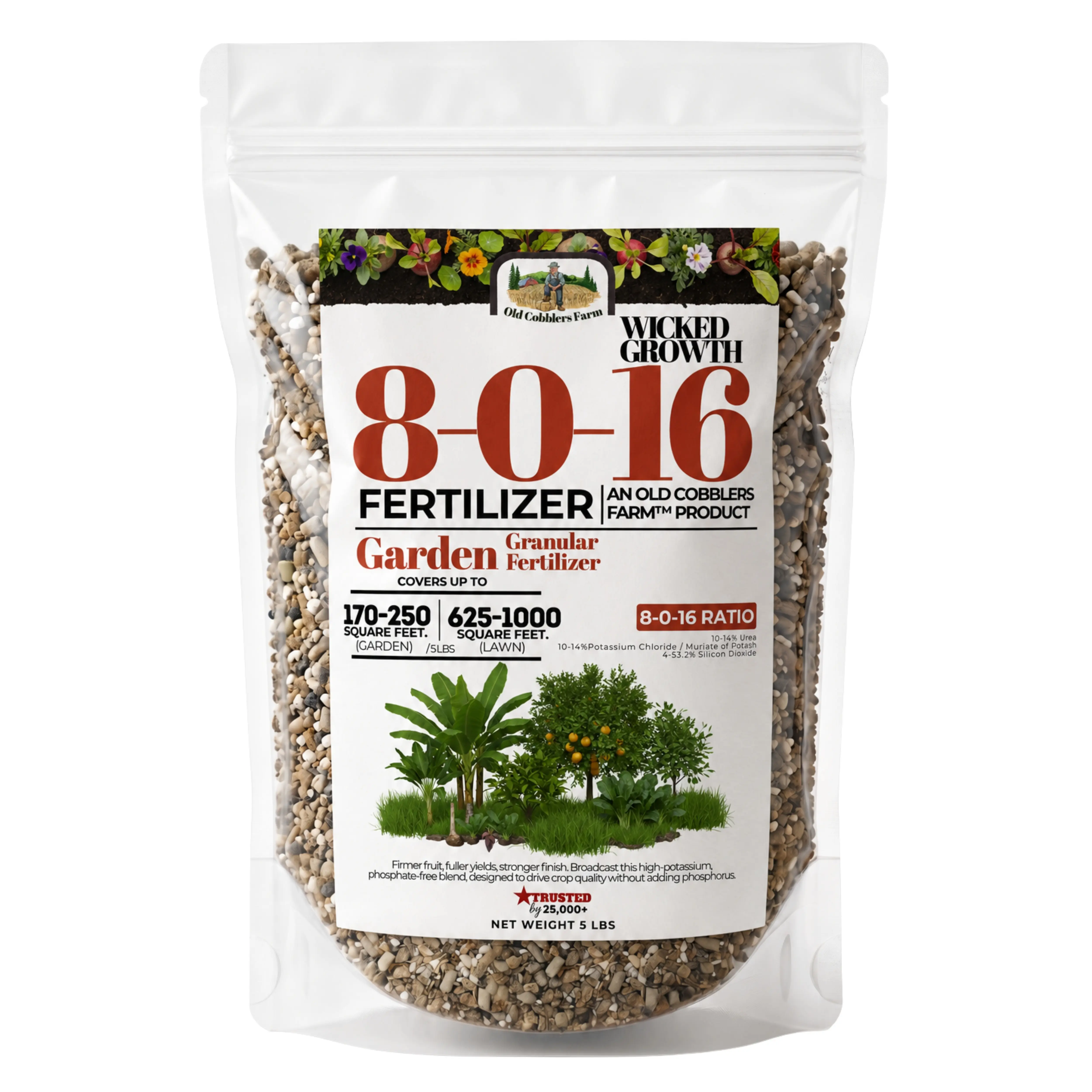 Old Cobblers Farm Wicked Growth High Potassium Fertilizer 8-0-16, Phosphorus Free Granular Potash Plant Food for Lawns, Crops and Fruit Trees, Supports Plant Vigor and Fruit Quality, Apple Tree and Garden Feed