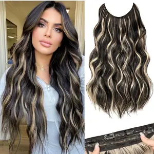 MORICA Invisible Wire Hair Extensions - 20 Inch Halo Hair Extensions Mix Black Blonde Long Wavy Synthetic Hairpiece with Transparent Wire Adjustable Size, 4 Secure Clips for Women