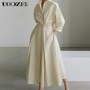 UOOZEE- LIVE women's long-sleeved loose solid color lapel mid-length dress, comfortable and elegant, a must-have for commuting and formal occasions dress
