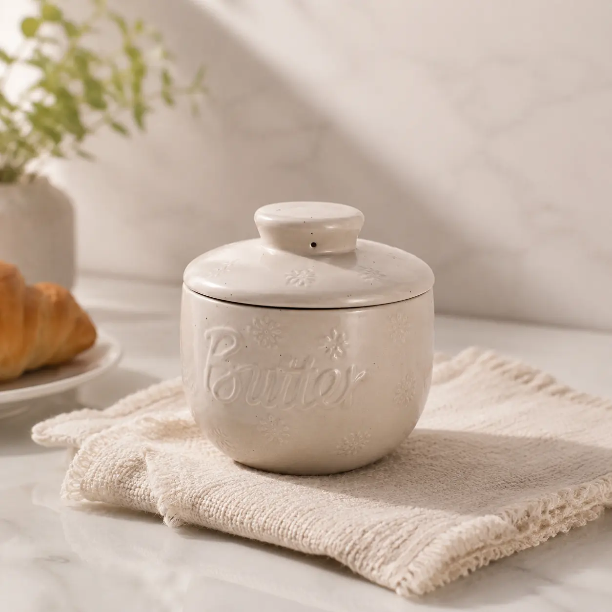 White Embossed Ceramic Butter Crock, French Butter Keeper, No Refrigeration Needed, Keep Butter Soft & Spreadable, Countertop Butter Storage Jar for Farmhouse Kitchen Decor
