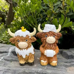 2 Pcs Highland Cow Figurines, Decorative Cow Gnomes, Cute Animal Design, Resin Statues for Bathroom, Calf Lovers Gifts, Farmhouse Home Decor