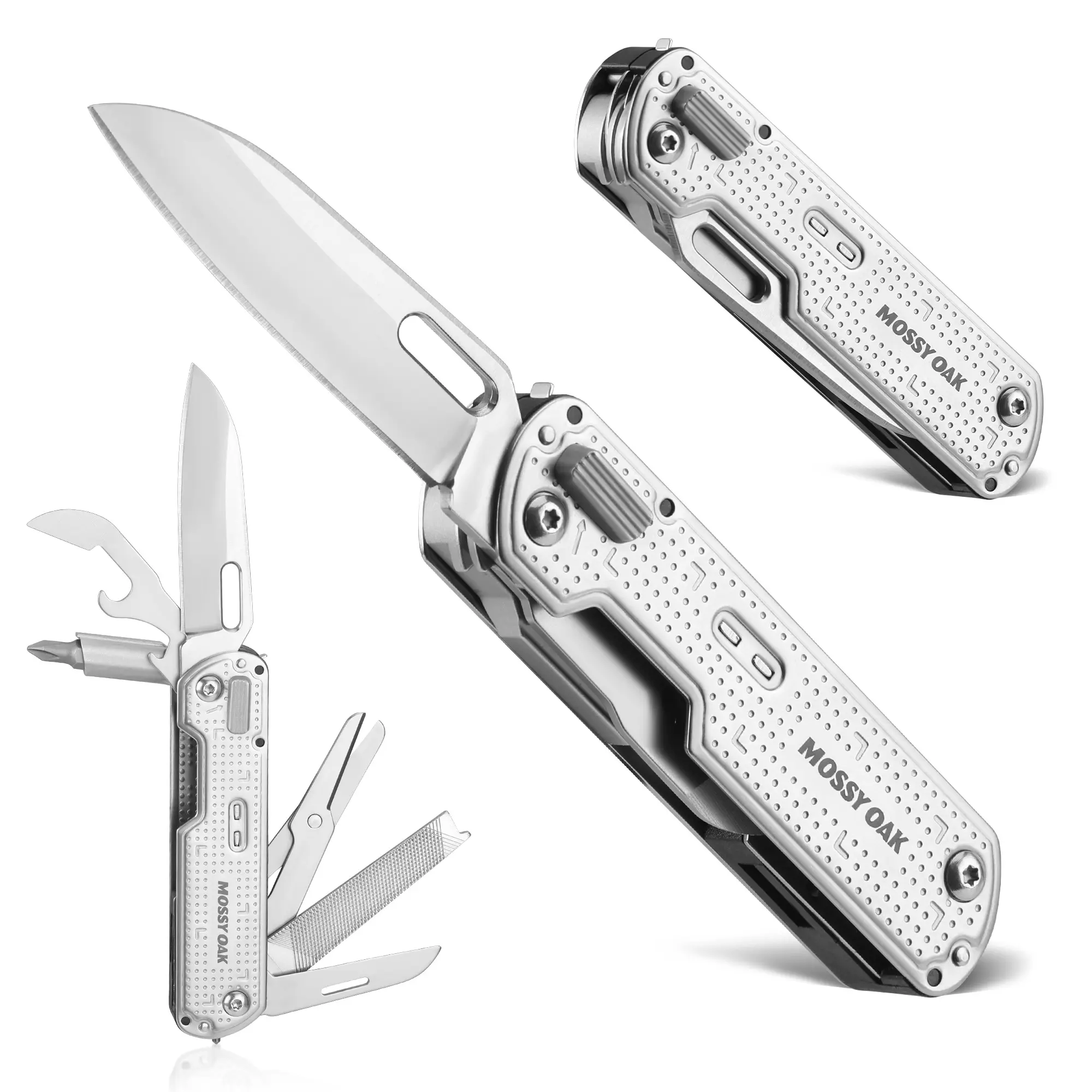 Mossy Oak 13-in-1 Multitool Pocket Knife, Razor-Sharp Stainless Steel Multitool Knife with Clip, Tiny Tools with Scissors, Opener, Screwdriver, Glass Breaker for Camping, Survival, Hiking, Daily Tasks
