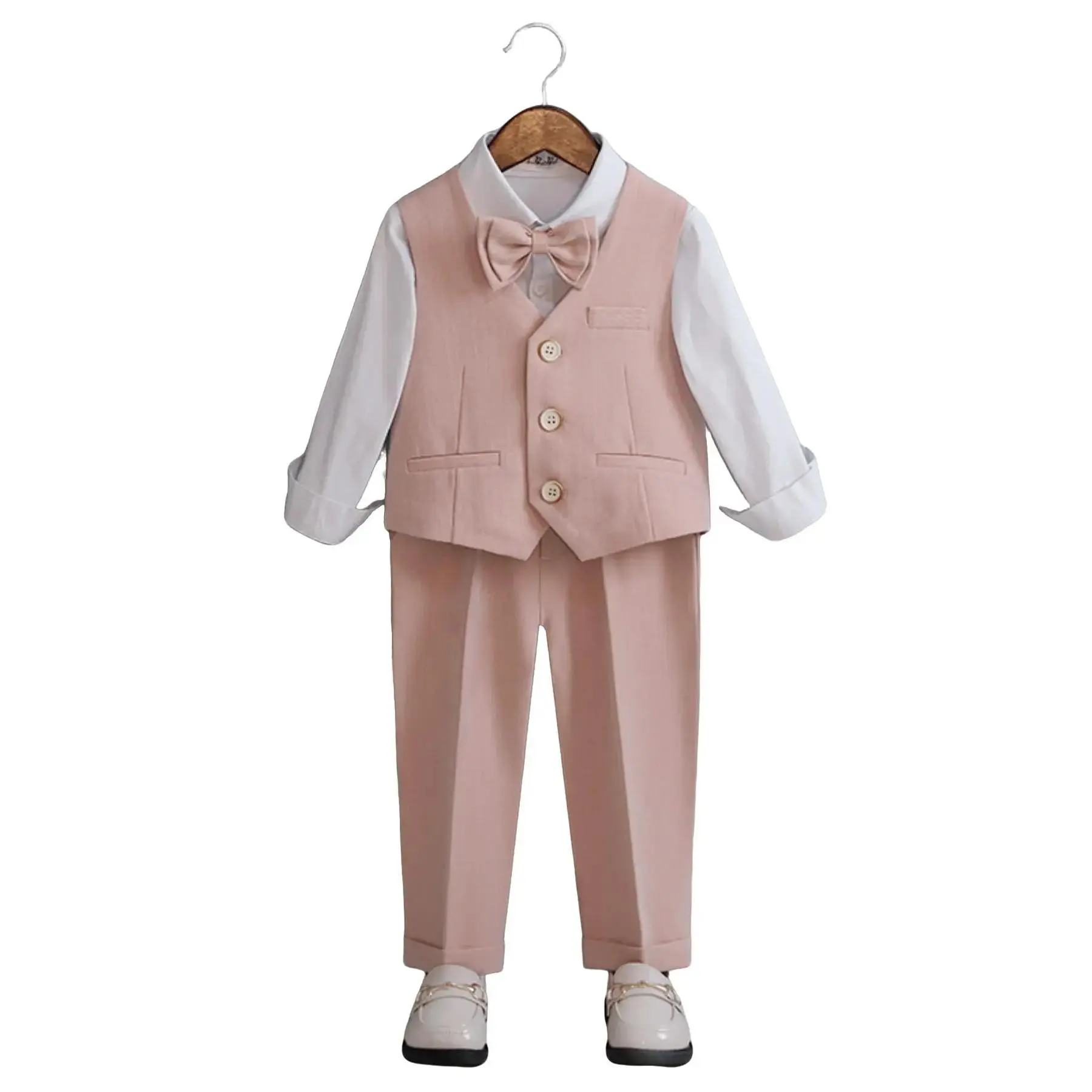 Boys 4-Piece School Formal Suit Blazer Vest Pants Tie Durable Wrinkle-Resistant Fabric Classic Tailoring Ideal for Ceremonies Parent-Teacher Meetings Class Photos Blue Pink Green XT8896