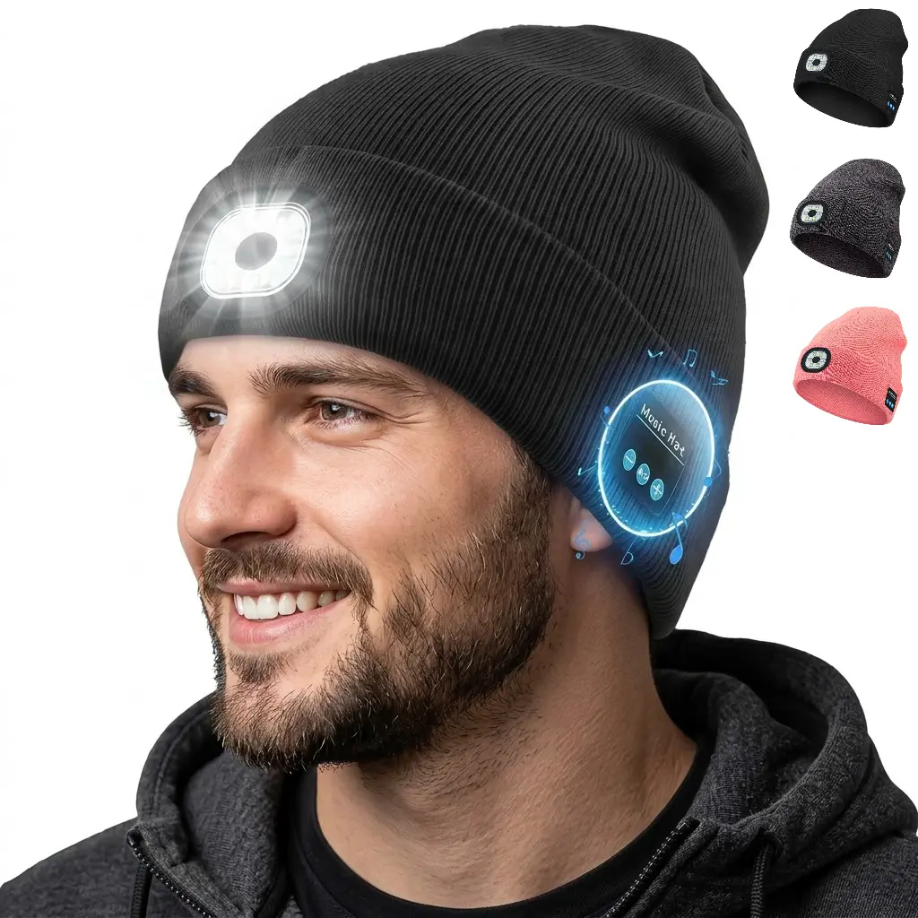 VENQAKU LED Headlamp Bluetooth Beanies, USB Rechargeable Wireless Music Warm Knit Winter Hat for Men & Women, Ideal for Running, Camping, Outdoor Sports