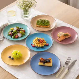 6PCS Colorful Ceramic Salad Plates, 8.5 Inch Matte Glazed Dinnerware with Speckled Design and Brown Rim, for Appetizer Dessert Kitchen Use