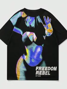 1pc Men's Freedom Rebel Graphic T-Shirt Aesthetic Thermal Imaging Portrait Print Cotton Heavyweight Short Sleeve Cyber Punk Streetwear Tee