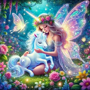 Enchanted Fairy with Baby Unicorn in Magical Flower Forest, 5D Full Drill Diamond Painting Kit, Fantasy Mythical Creature Art with Butterflies, DIY Cross Stitch Mosaic Craft, Whimsical Nursery Home Wall Decor, Handmade Gift for Fairy & Unicorn Lovers