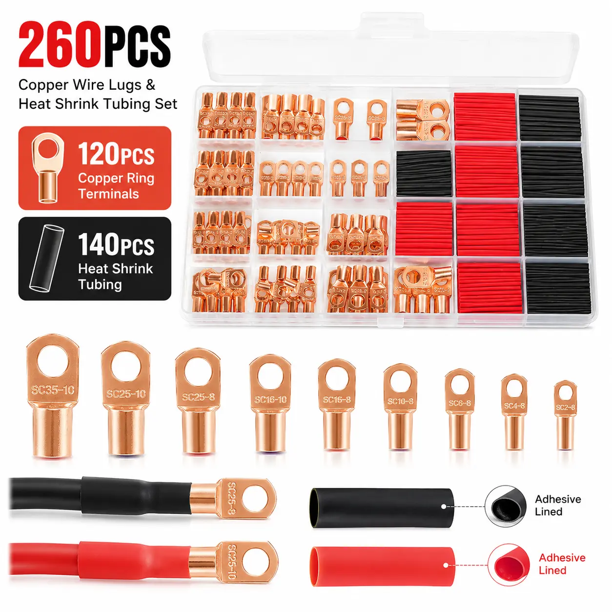 Water Resistant Adhesive Lined High Current Wire Lug Kit - 260pcs Pure Copper Wire Lugs & Heat Shrink Tubing Set, 120 Flanged Eyelet Solid Terminals for AWG 2-12 Battery Cable, 140 Double-Wall Tubes for Automotive Electrical Connections, 600V, Battery Ter