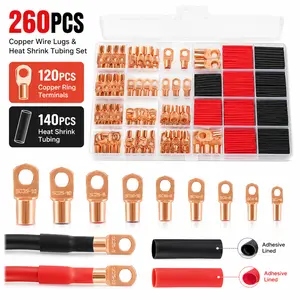 260PCS Copper Wire Lugs and Heat Shrink Tubing Set, 120Pcs Bare Copper Ring Terminals for AWG 2 4 6 8 10 12 Battery Cable, 140Pcs Adhesive Lined Tubing for Automotive Marine Solar Electrical Connections