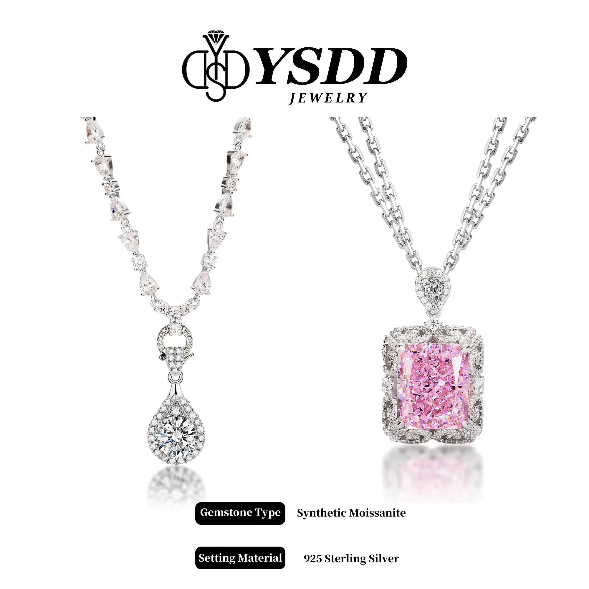 【#160 Special Occasion】Fancy CZ/Synthetic Moissanite Necklace with Detachable Pendant in 925 Sterling Silver