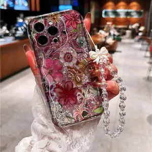 Floral Glitter Beaded Phone Case with Pearl & Bow Charm Shockproof Scratch-resistant Precise Cut for iPhone11-17promax IPhone11/12/13/14/15/ Promax16/16Promax/16pro/16plus