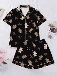 Women's Bear Print Pajama Set Loungewear, Short Sleeve Button-Up Shirt and Elastic Waist Shorts, Perfect Holiday Sleepwear for All Seasons