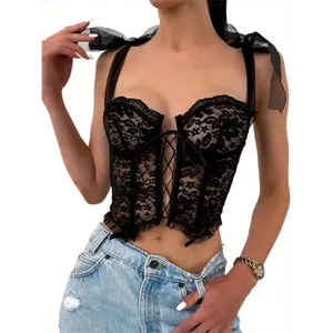 Sexy Backless Lace Crop Top for Women - Sheer Red Lingerie with Ruffled Trim & Adjustable Straps, Breathable Blend, Perfect for Parties & Night Out, S/M/L, Stylish Lingerie | Adjustable Strap Top | Blend Fabric