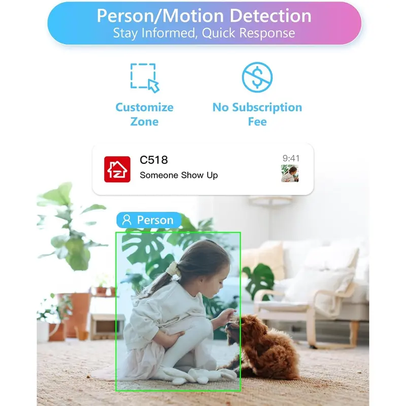 ZOSI C518 3MP 2K Indoor Pan-Tilt Smart Home Security Camera - Corded Power, Plug-and-Play, 2.4G/5G Dual-Band Wi-Fi, Phone App Control, Night Vision, Person Detection, 2-Way Audio, Cloud & Local Storage, 2-Year Guarantee