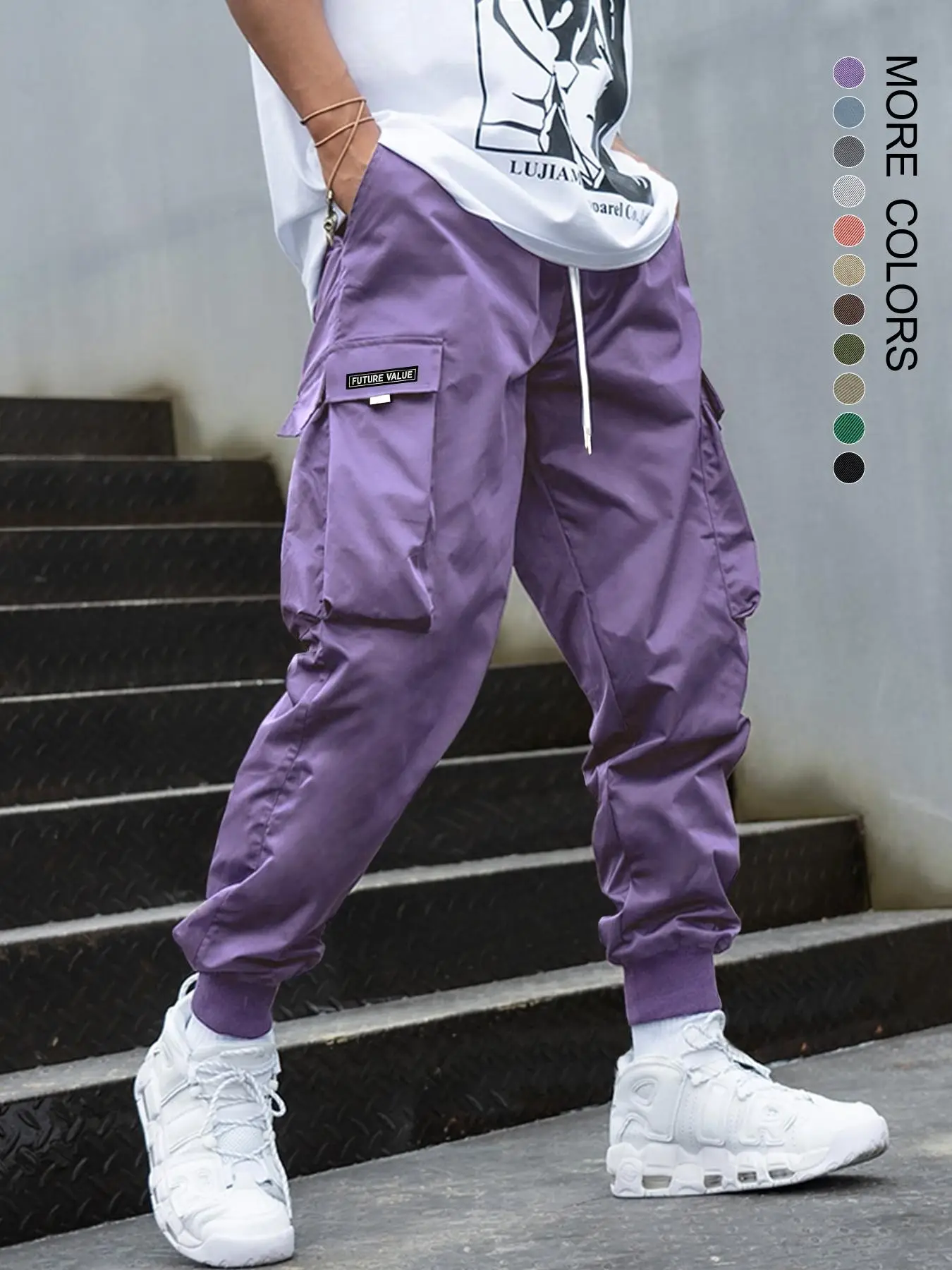 Unisex Patched Flap Pocket Drawstring Waist Cargo Pants, Street Fashion Plain Casual Regular Fit Jogger Trouser for Men Women, Pants for Men, Men Bott