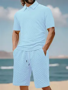 Men’s 2-Piece Textured Knit Polo Short Set - Plain Casual Summer Outfit with Adjust-Fit, Colored, Patterned Drawstring Shorts for Vacation, Daily Wear (Menswear Clothing Set), Colored Men's Shorts, Patterned Men's Shorts