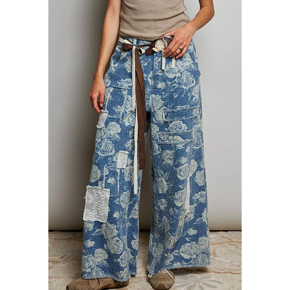 Noemi Floral Denim Patchwork Pants Cotton Fabric