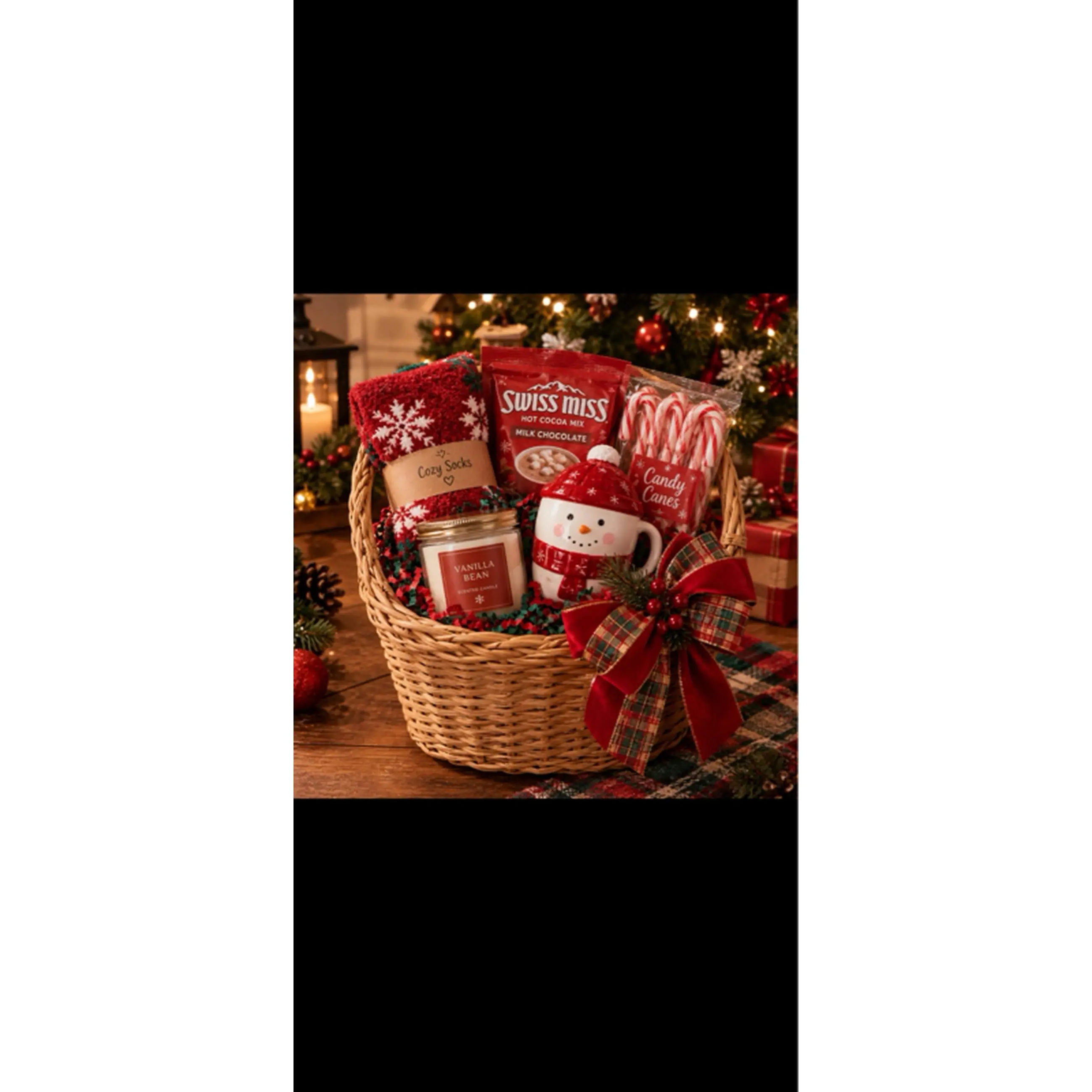 Deluxe Christmas Cozy Gift Basket with Swiss Miss Hot Cocoa, Candy Canes, and Festive Decorations for a Cozy Holiday Experience Note: Not all products will match advertised details, partially AI generated media