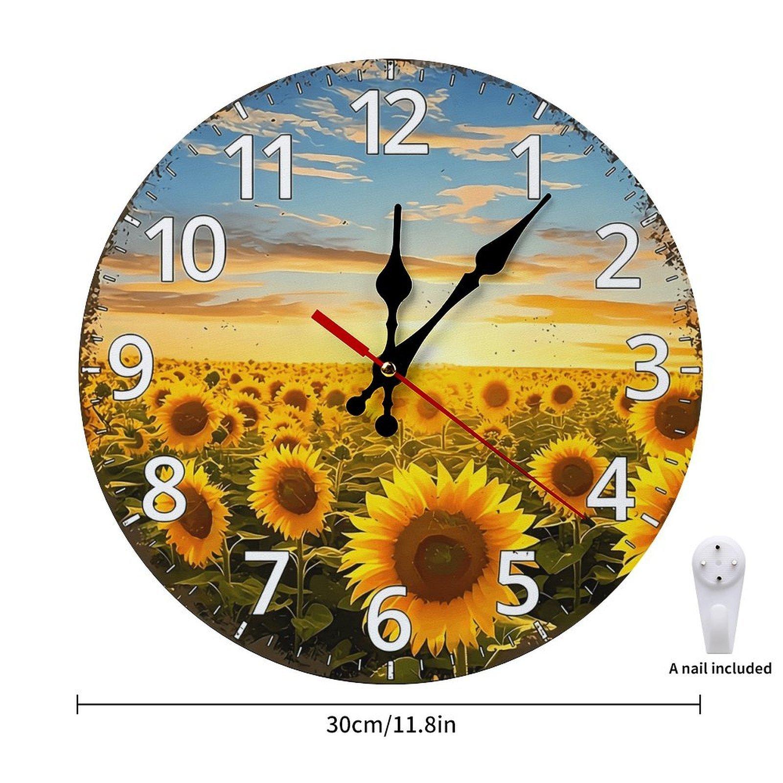 12 Inch Sunflower Field Sunset Wooden Wall Clock | Silent Non-Ticking Rustic Farmhouse Decor, Nail Included, No Battery Included, Perfect for Living Room, Kitchen, Sunroom