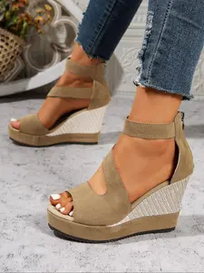 Women's Fashionable Solid Color Suede Ankle Strap Wedge Sandals, Casual Comfortable Zipper Back Sandals for Daily Wear, Female All-match Shoes for Daily Wear, Girl