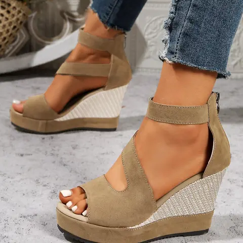 Women and Girls' Fashionable Solid Color Suede Ankle Strap Sandals, Casual Comfortable Zipper Back Sandals, Female All-match Daily Wear Shoes Ankle Wedges