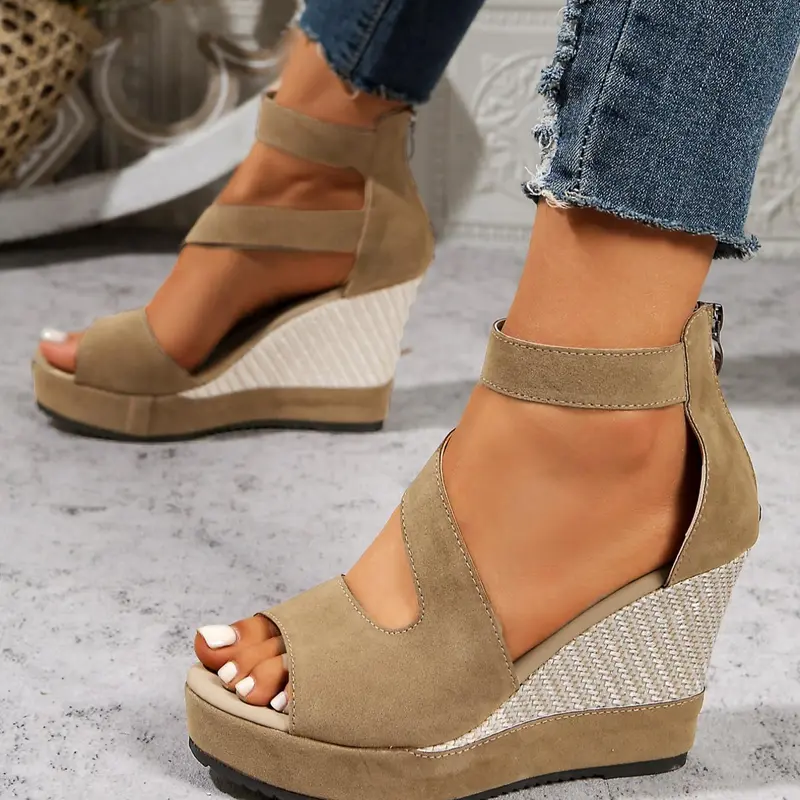 Women and Girls' Fashionable Solid Color Suede Ankle Strap Sandals, Casual Comfortable Zipper Back Sandals, Female All-match Daily Wear Shoes Ankle Wedges